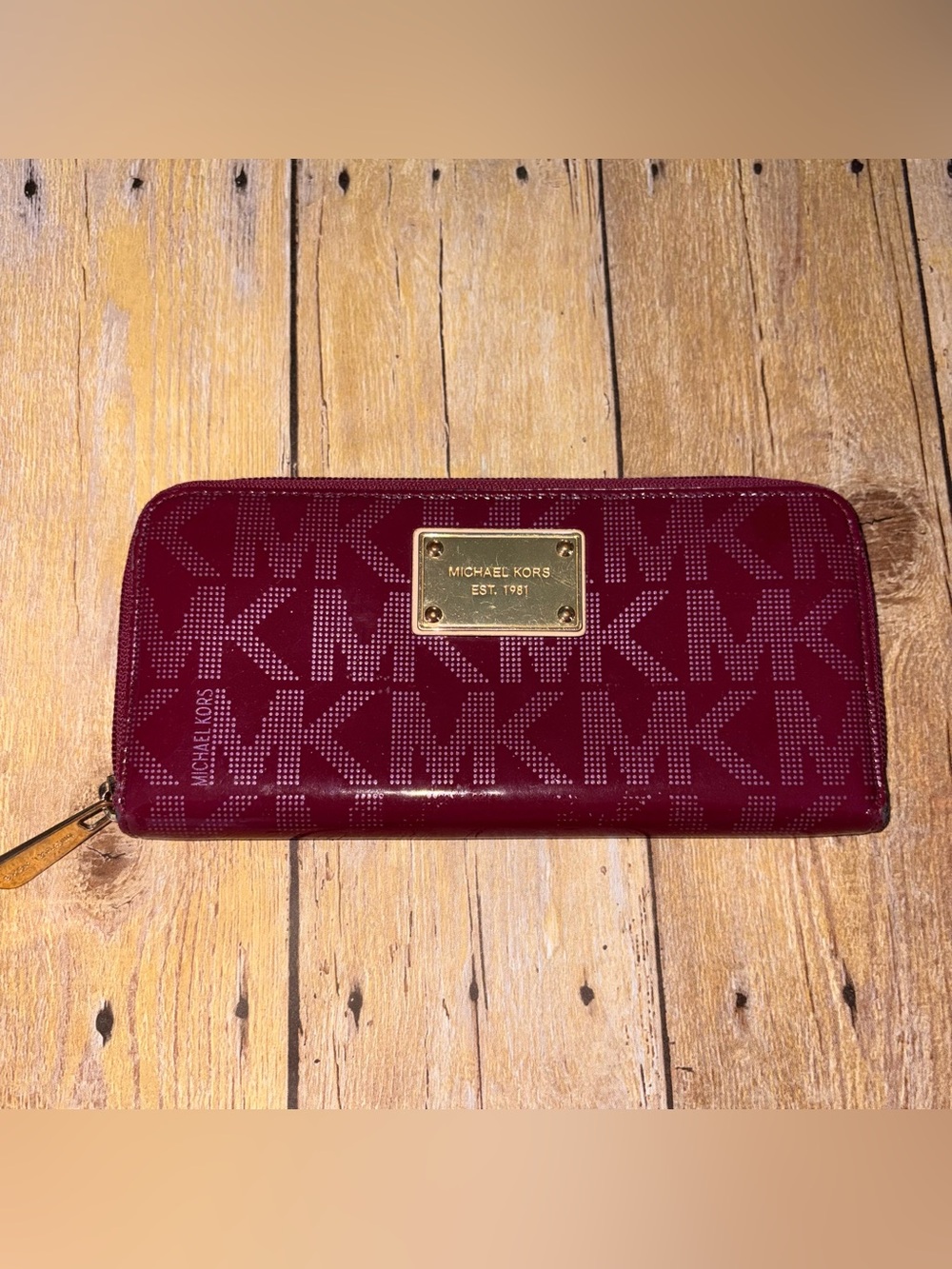 Michael Kors Maroon Logo Zip-Around Wallet with Gold Plaque